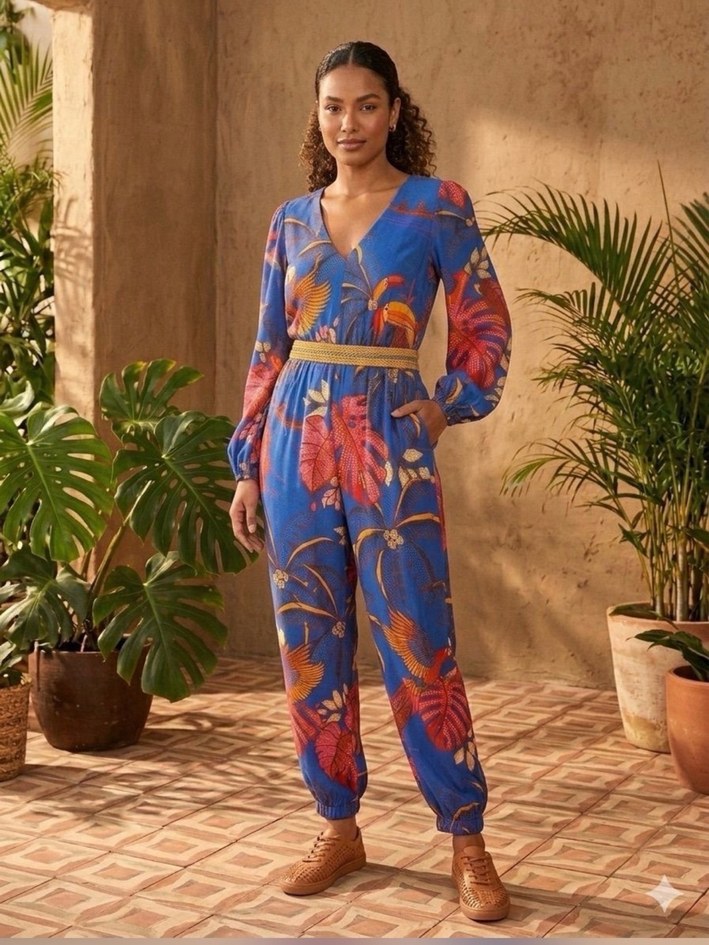 FARM Rio Blue Tropical Floral V-Neck Jumpsuit